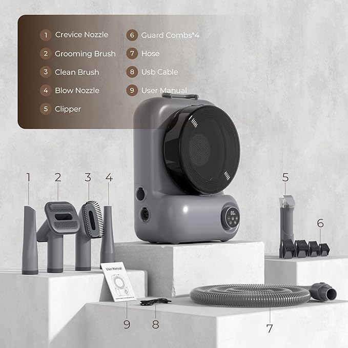 Dog Grooming Vacuum and Dryer, Pet Grooming Vacuum for Dogs with 3 Liter Canister, 15000Pa Suction Dog Vacuum for Shedding Grooming, Extra Space for Storage for 5 Grooming Kits, Grey