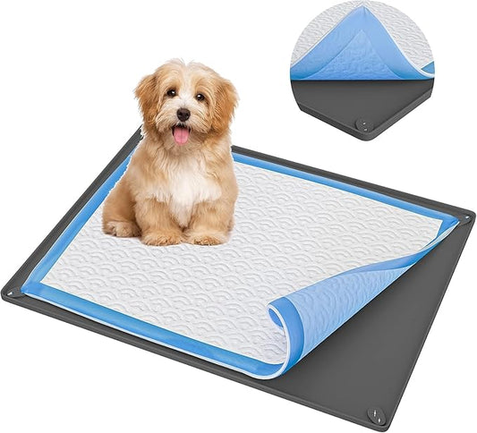 TidyFriend Dog Pee Pad Holder Tray Fits for 24” x 36” Pee Pads with Corner Lock Holes, Raised Edges, Non-Spill, Easy to Clean Silicone Dog Potty Tray Holder, for Indoor Floor Protection (Grey)