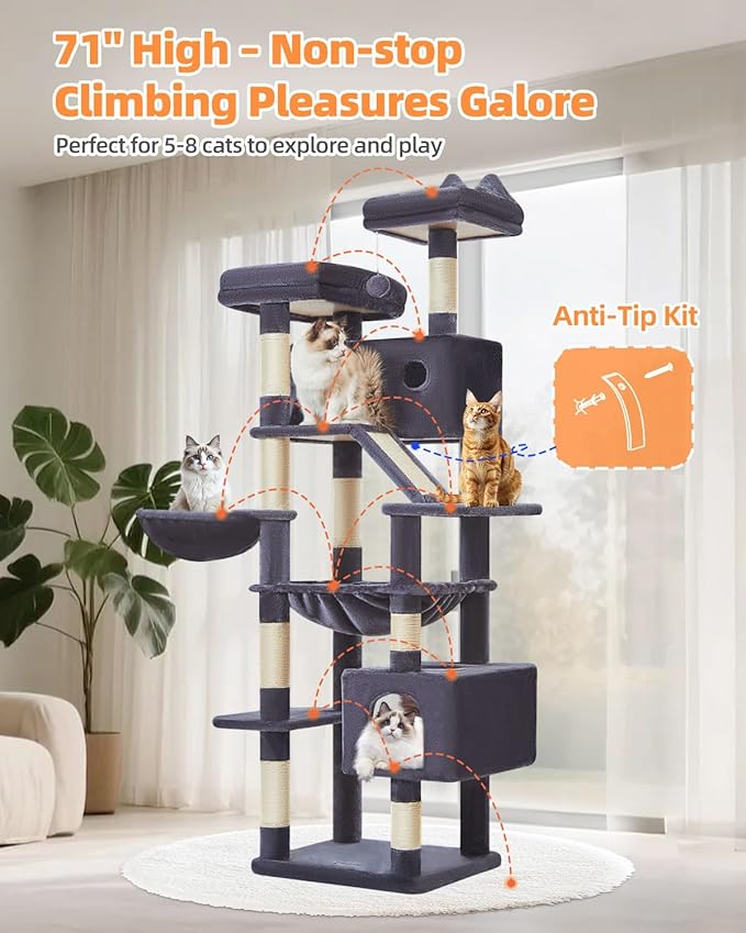 Taoqimiao Cat Tree 71-Inch, Cat Tower for Indoor Cats Large Adult, Multi-Level Large Cat Condo, 8 Sisal Scratching Posts, Metal Frame Cozy Hammock, Scratch Board, 2 Top Perches, Smoky Gray MS026LG