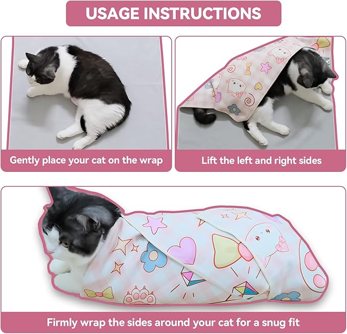 Cat Grooming Wrap for Cutting Nails, 27.6" Anti-Escape Calming Cat Swaddle Wrap for Medicine, Nail Clipping, Teeth Brushing, Ear Cleaning, Self-Adherent Burrito Restraint, (CatLand, L)