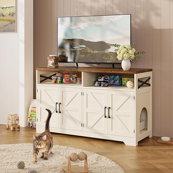 Cat Litter Box Enclosure for 2 Cats, 47" Hidden Litter Box Furniture Cat Washroom with Double Large Room, Farmhouse Indoor Litter Box Cabinet TV Stand, White