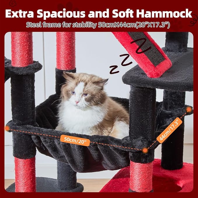 Taoqimiao Gothic Cat Tree 71-Inch, Cat Tower for Indoor Cats Large Adult, Large Cat Condo, 8 Sisal Scratching Posts, Metal Frame Cozy Hammock, Scratch Board, 2 Perches, Black and Red MS026LBR