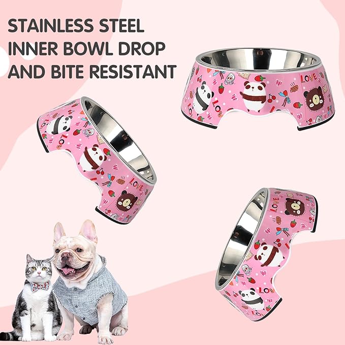 Pet Cats Dogs 2 in 1 Food Water Bowls - Non Slip Skid Proof Heavy Duty Pet Cats Dog Food Water Bowls for Feeding Drinking Small Medium Large Dogs Cats Puppies-Pink Panda-S