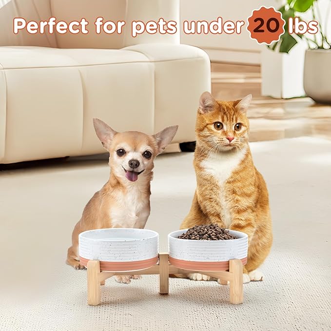 SPUNKYJUNKY Elevated Dog Bowls Ceramic, 5.1'' Dogs and Cat Food Water Bowls Raised with Non-Slip Bamboo Stand for Puppy Small Sized Breed Microwave Dishwasher Safe - 13.5 OZ,Pattern White