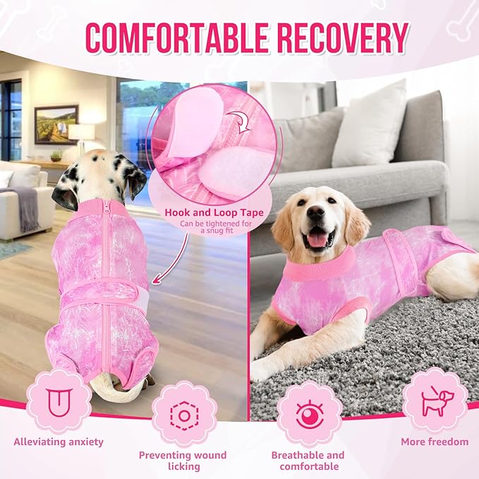Lukovee Recovery Suit for Dogs - Zipper On Onesie for Female Male Dog, Abdominal Wounds Cone E-Collar Alternative, Prevent Licking Spay (Pink-TPI, L)