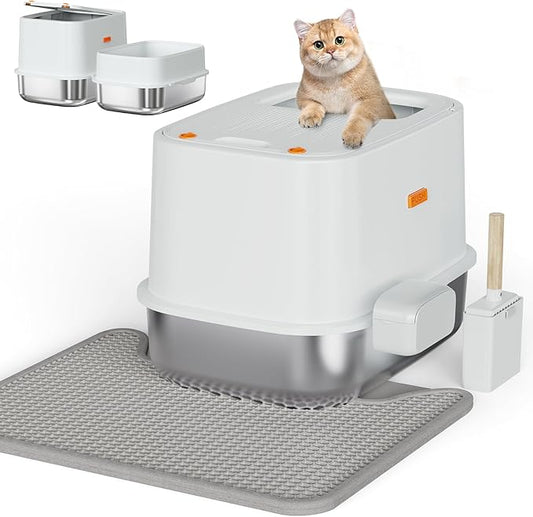 XL Stainless Steel Cat Litter Box Top Entry Extra Large Metal Litter Box with High Side for Big Cats, Multiple Cats, No Odor, Easy to Clean, Anti-Urine Leakage, Dog-Proof, Non-Sticky(Grey)