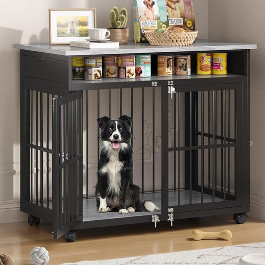 39.4" Dog Crate Furniture for Medium and Large Breed, Dog Kennel Furniture with Storage Shelf & Lockable Wheels, Heavy Duty Wooden End Side Table Pet Cage Indoor, Chew-Resistant, Grey