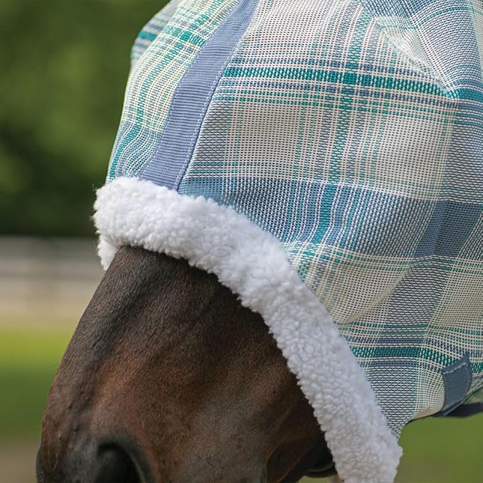 Schneiders Dura-Mesh Plaid Fly Horse Mask with Ears | Ultra-Durable 1000D Mesh | 70% UV Protection | Breathable Open Weave | Color Blue Plaid | Size Full Size