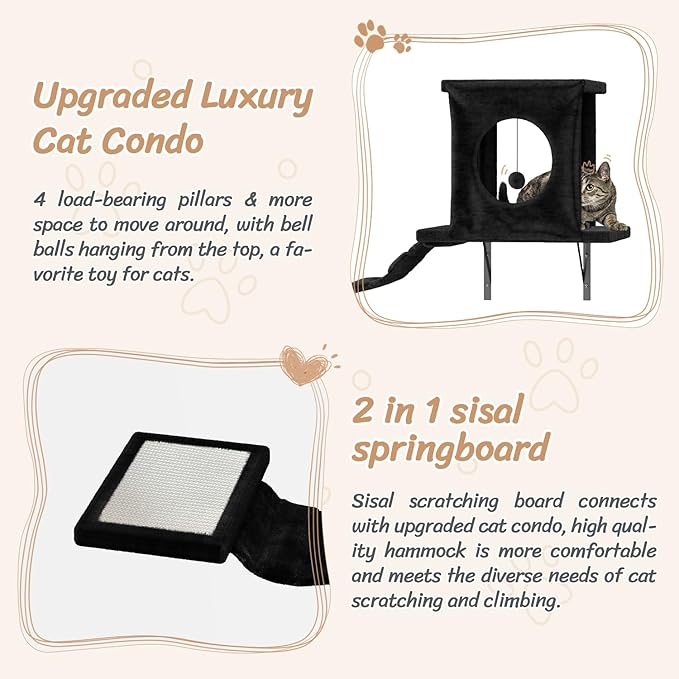 NUNU LAB Wall Mounted Cat Furniture, 7 Pcs Cat Wall Shelves with House, Tunnel, Bridge, Steps, Scratcher, Hammock, Bed, Indoor Safe & Stable Furniture for Kittens Play, Black