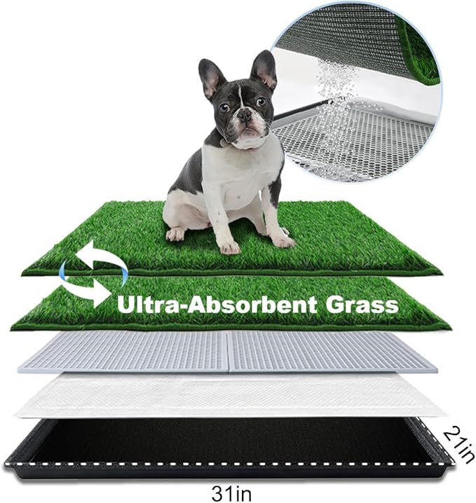 Dog Grass Pad with Tray Medium 31”×21”, Dog Potty with Ultra-Absorbent Artificial Grass for Dogs with Hemmed Edge, Pee Pads for Dogs, Realistic, Odor Free, Litter Box for Balcony