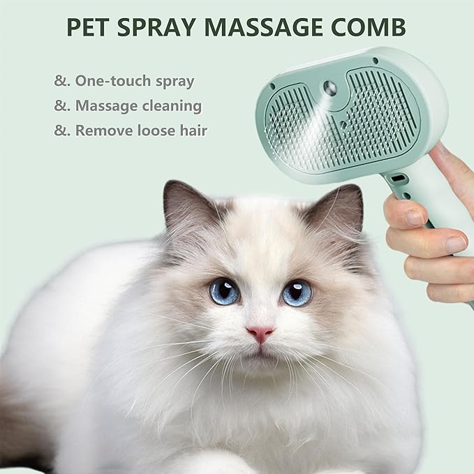 Cat Steam Brush 3 In 1,Pet Brush for Cat Hair Removal with Anti-Lost Pet Pendant,Spray Hair Removal Comb for Dogs Long Short Haired, Green