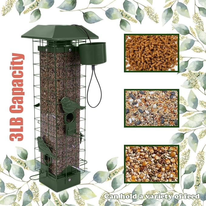 Squirrel Proof Bird Feeders for Outdoors, Metal Wild Bird Feeder for Outside Hanging, 4 Ports Perches, 3LB Large Capacity (Green)