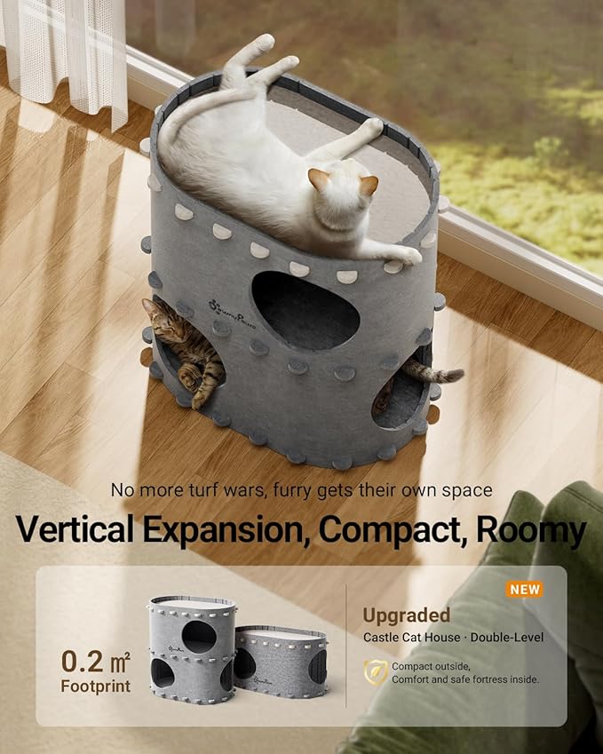 DownyPaws Cat House for Indoor Cats, 2-Storey Foldable Cat Bed Cave, Felt Cats Tunnel Bed Condo, Castle Kitten Cube Hideaway for Multicats, Scratch Resistant, Light Gray