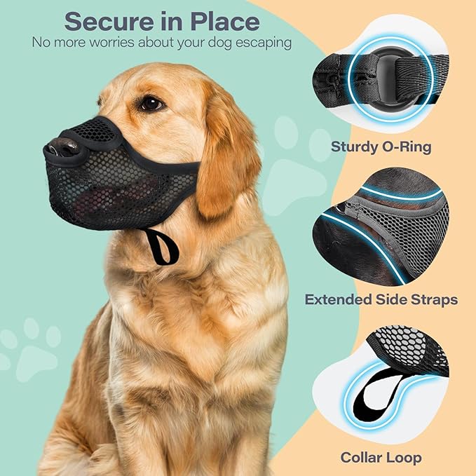 LUCKYPAW Dog Muzzle for Large Medium Small Dogs, Patented Mesh Muzzle to Prevent Biting Chewing Eating, Soft Mouth Guard with Front Opening Design for Drinking Panting (Black, XXL)