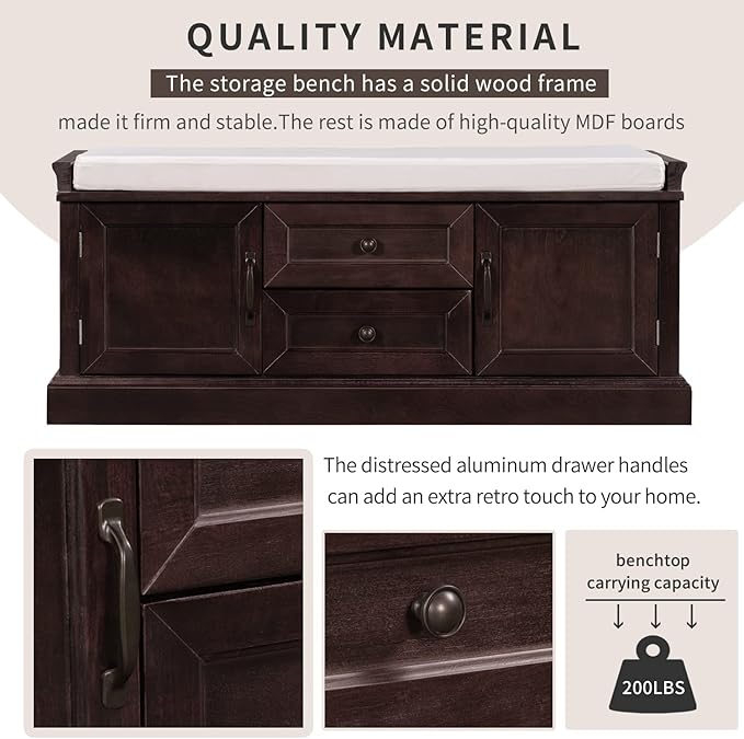 Storage Bench with 2 Drawers and 2 Cabinets, Pine Wood Pine Wood Shoe Bench with Removable Cushion for Living Room, Entryway 42.5" L x 15.9" W x 17.5" H (Espresso)