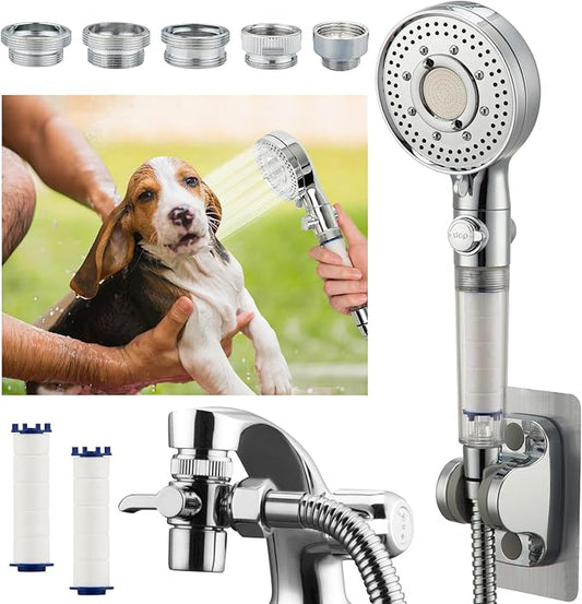 Klleyna Filter Dog Shower-Attachment for Bathtub-Faucet - ON/OFF Shower Head Attaches to Tub Spout, Pet Wash Hose Sink Sprayer (5 Adapters), Bathroom Kitchen Tap Extension for Hair Washing & Baby Bath