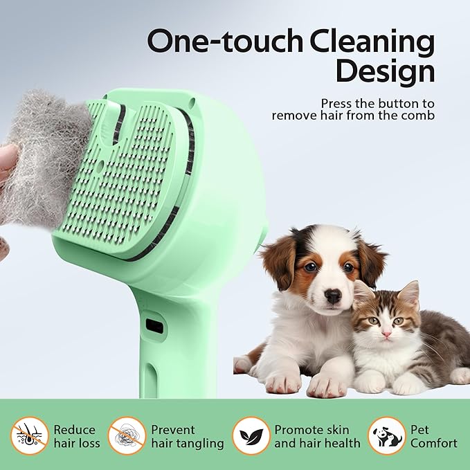 Pet Grooming Brush with Electronic Mist Spray - Gentle Deshedding Tool for Cats & Dogs, Pet Steam Brush,Reduces Shedding, Soft Bristles, Promotes Healthy Coat-Comes with a hair smoothing comb-Greener
