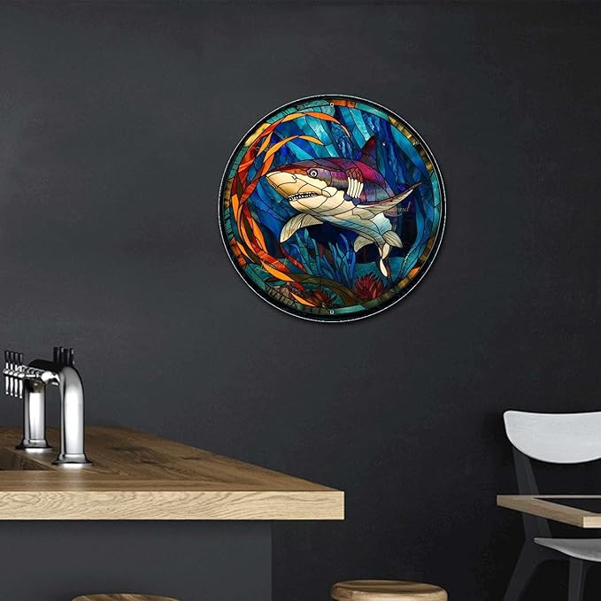 Lygond Metal Sign Tin Sign Circular Stained Glass Shark2 Home Deccor Store Home Decor for Patio 12×12 Inches