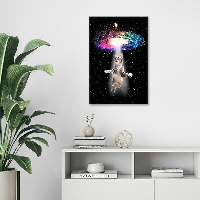 Funny Cat Wall Art Canvas Galaxy Wall Decor Prints Framed Painting Animal Pictures Gifts Artwork for Bathroom Living Dining Kitchen 16"x24"