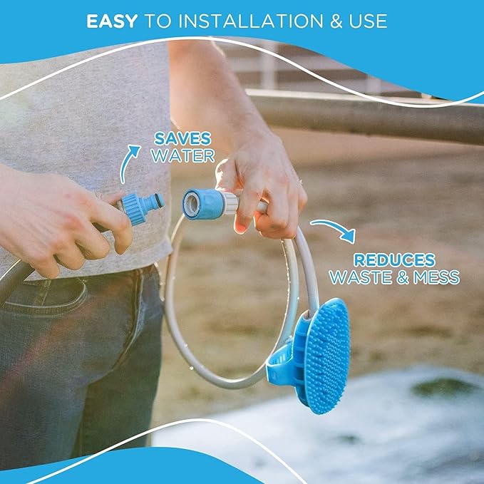 Aquapaw 5-in-1 Horse & Dog Bath Brush & Curry Comb - XL Blue Silicone - Includes 3-ft Shower Hose Attachment & Adapter - Adjustable Spray Scrub Massager - Dog Grooming Supplies