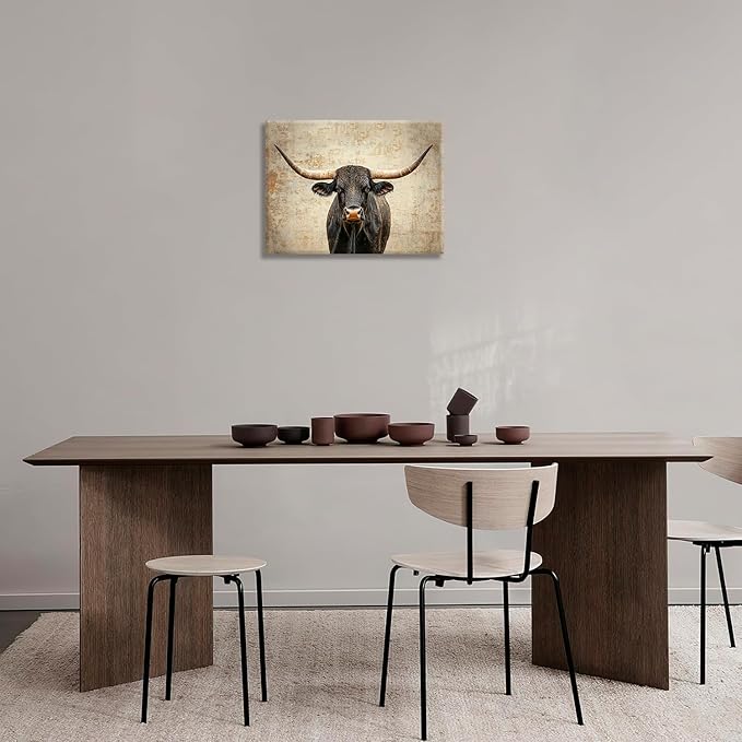 Rustic Highland Cow Pictures Wall Art, Farmhouse Black Cow Bathroom Wall Decor Animal Framed Painting Canvas Artwork for Bathroom Bedroom Living Room Decorations 20"L x 16"W