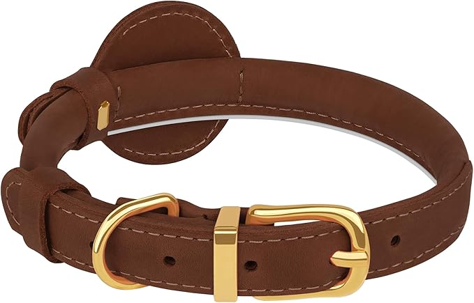 OOPSDOGGY Rolled Leather Dog Collar with Airtag Holder - Reflective Round Airtag Dog Collar - Soft Tracking Pet Collar for Small Dogs Puppy Cats Kitten (Brown, L, 14"-18")