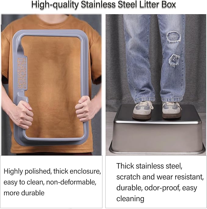 Large Stainless Steel Cat Litter Box with lid Cover Mats Scooper Small High Sided Enclosed Metal Kitty Litter Box for Kittens or Senior Cats with Grey Enclosure