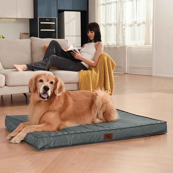 Outdoor Extra Large Dog Crate Bed, Big Waterproof Dog Bed for Large Dogs, Orthopedic Egg Foam Pet Bed Mat with Removable Cooling Cover, Grey