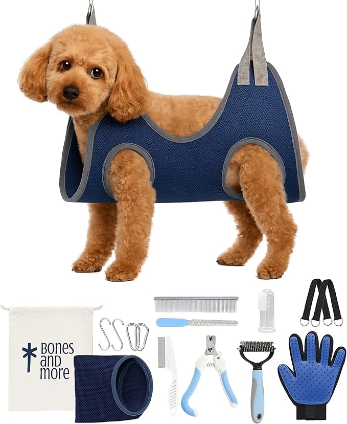 Pet Grooming Hammock Kit for Dogs & Cats - Includes Hammock Harness, Nail Clippers, Nail File, Grooming Glove, Dematting Comb, S-Hooks, Carabiners & Storage Bag for Easy Home Grooming Large (93ร56) cm