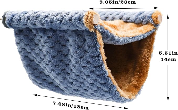 Fleece Winter Warm Rat Hammock, Double Layer Hanging Birds Nest Bed with Warm Fleece, Bird Cage Stand Perch, Hideaway Cave Tent, Sleep Bed Cage Accessories for Rat, Guinea Pig, Chinchilla (Blue)