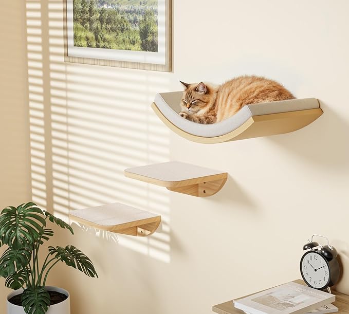 Wood Cat Wall Shelf with Soft Foam Cushion, Curved Cats Wall Bed for Large Cats, Floating Cat Perch for Sleeping & Climbing