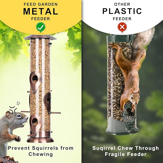 FEED GARDEN Metal Bird Feeders for Outdoors Hanging, 6-Port Tube BirdFeeders for Outside, Finch Feeders for Outside, Brushed Copper Finishing, Bird Feeder with Heavy Duty Metal Lid, Chew-Proof 1 Pack
