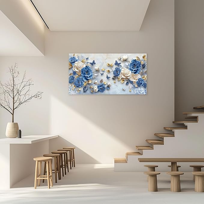 Large Flower Wall Art Canvas Living Room Floral Pictures Framed Prints Oversize Wall Decor Blue Butterfly Painting for Bedroom Dining Office Home 60"x30"