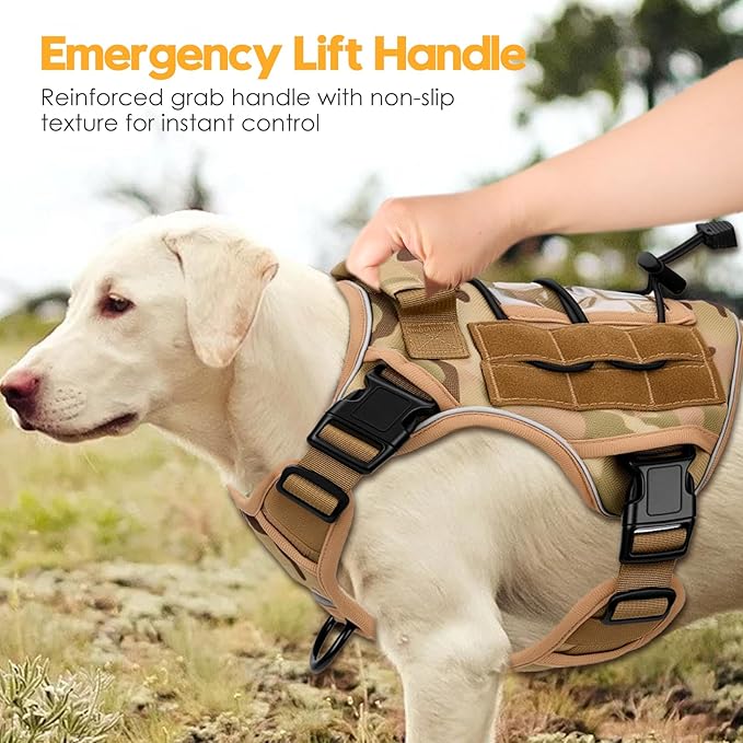 Heavy-Duty Tactical Dog Harness for Large Dogs, No Pull Adjustable Reflective Pet Vest with Molle System, K9 Military-Grade Control for Service Training, Outdoor & 10+ Breeds, Desert Camo, Small