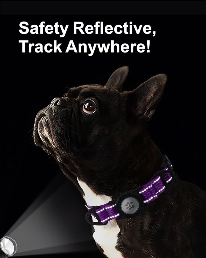 TagME Airtag Dog Collar,Waterproof Reflective Pet Collar with Airtag Holder,Soft Padded and Double D-Rings for Puppy,Purple