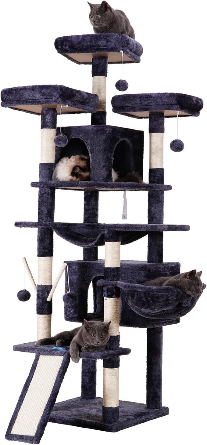Hey-brother Cat Tree, 71 inches XL Large Cat Tower for Indoor Cats, Multi-Level Cat House with 3 Padded Perches, Big Scratcher, Cozy Basket, 2 Cat Condos and Scratching Posts, Smoky Gray MPJ034G