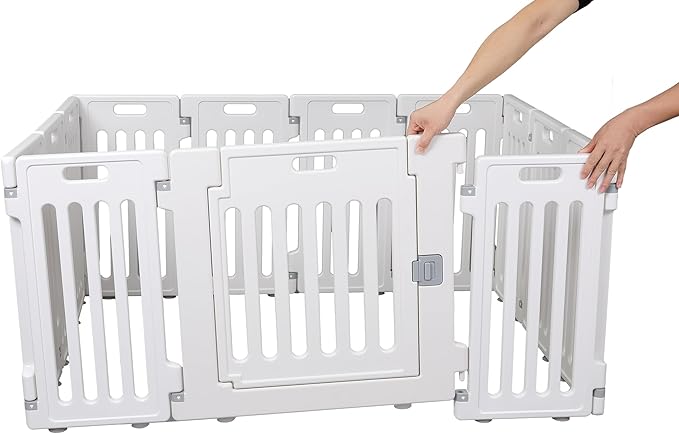 BIRDROCK HOME Pet Playpen with Door | 12 Panel | Strong Plastic | Puppy Safety Fence Pen Playpen | Non-Slip and Secure Dog Gate | White