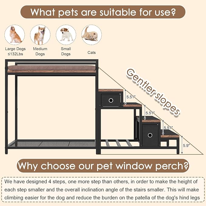 Pet Bunk Bed with Removable Stairs and 2 Drawers, Dogs/Cats Window Perch, Dog Window Seat with Soft Cushion, Ultra-Shallow Steps, Sturdy Metal Frame, Non-Slip