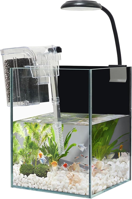 White Glass Betta Aquarium Starter Kits 1.2 Gallon Betta Fish Tank Starter Kit - LED Light & Self-Cleaning Filter Included