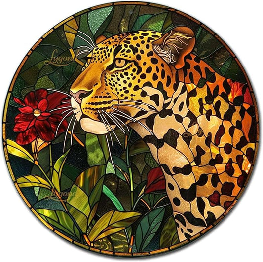 Lygond Metal Sign Tin Sign Circular Stained Glass Leopard Home Decor For Restaurant 8×8 Inches