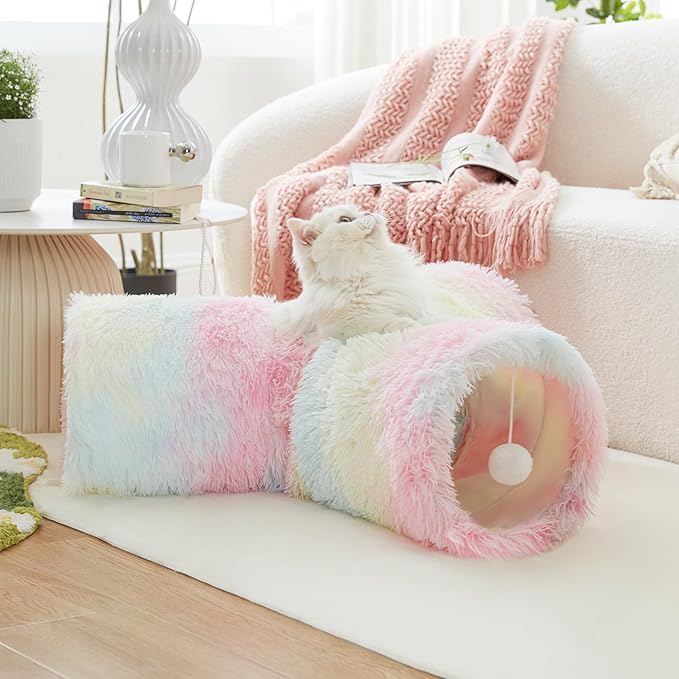 Tempcore Plush Pet Cat Tunnel Tube Cat Toys 3 Way Collapsible, Tunnels for Indoor Cats,Kitty Tunnel Bored Pet Toys Peek Hole Ball Puppy, Kitty, Kitten, Rabbit Rainbow