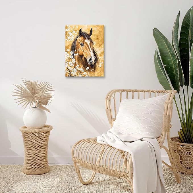 Horse Wall Art Canvas Rustic Horse Wall Decor Prints Framed Painting Farmhouse Flower Pictures Gifts Artwork for Bathroom Living Dining 16"x20"