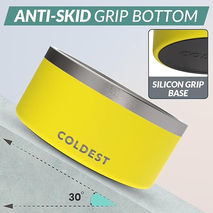 Coldest Dog Bowl - Anti Rust Metal, Non Slip, 3 Layers Insulated Stainless Steel Dog Bowls - Spill Proof & Heavy Duty - Water Bowl for Dogs, Cats & Pets, Dish Washer Safe (200 oz, Solar Yellow)