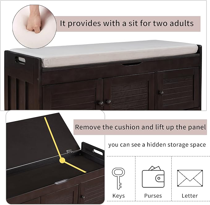 Shoe Storage Bench with 3 Shutter-Shaped Doors, Pine Wood Shoe Bench with Removable Cushion and Hidden Storage Space for Living Room, Entryway 43.5" L x 16" W x 18" H Espresso