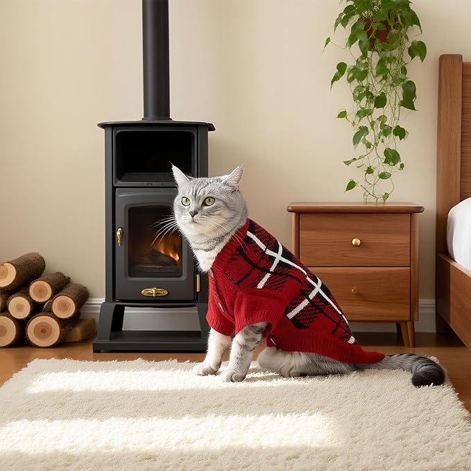 EXPAWLORER Cat Sweater Cardigan - Stylish Knit Cat Clothes, Plaid British Style Soft Puppy Sweater with Sleeve, Warm Pet Clothing Knitwear, Fall Winter Kitten Coat for Girl Boy Cats, Red M
