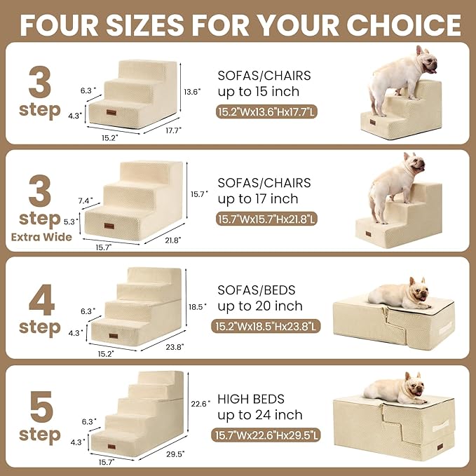 Dog Stairs for Small Dogs & Cats, 3-Step Extra Wide Non-Slip Pet Steps for Couch Sofa and Chair, Beige, 15.7" H