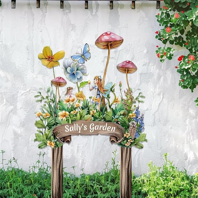 Personalized Cute Fairy Metal Sign with Stake,Custom Gardener Family Name Signs Outdoor Decor,Customized Butterfly Gardening Gifts for Mother,Flowers Plaques Decorate for Garden Patio Lawn Porch Yard
