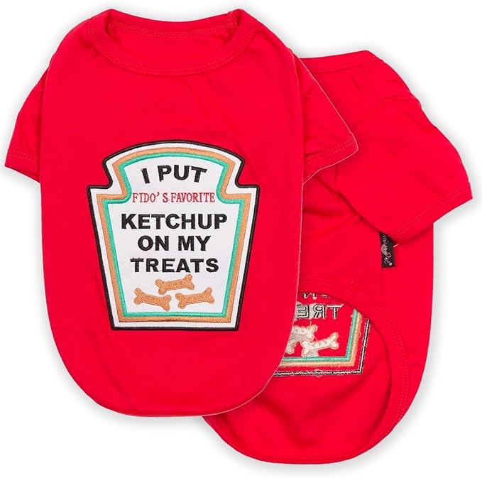 Parisian Pet Dog Shirt - Embroidered “I Put Ketchup on My Treats“ - 100% Cotton and Polyester Dog Clothes - Sleeved, Lightweight Costume for Dogs - Red Dog Shirts for Large Dogs - Pet Costumes - XL