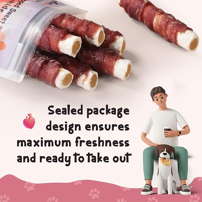ASMPET Dog Treats Chews, Duck Wrapped Rawhide Sticks Filled with Sweet Potato for Small Medium Large Dogs(6pcs)