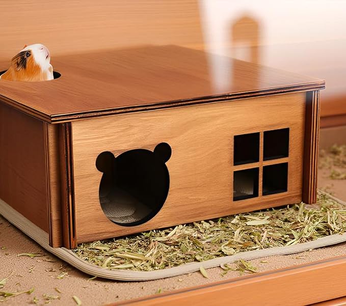 Hamster Multi Chamber Maze Hideout: Wooden Maze Tunnel House Exploring Toys for Hamster Gerbils Mice Guinea Pig Chinchillas, Small Animals Hideout and House - Brown